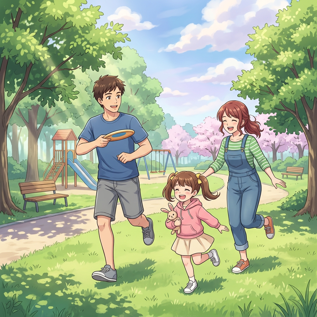 Family running through a sunny park with a child holding a rabbit toy